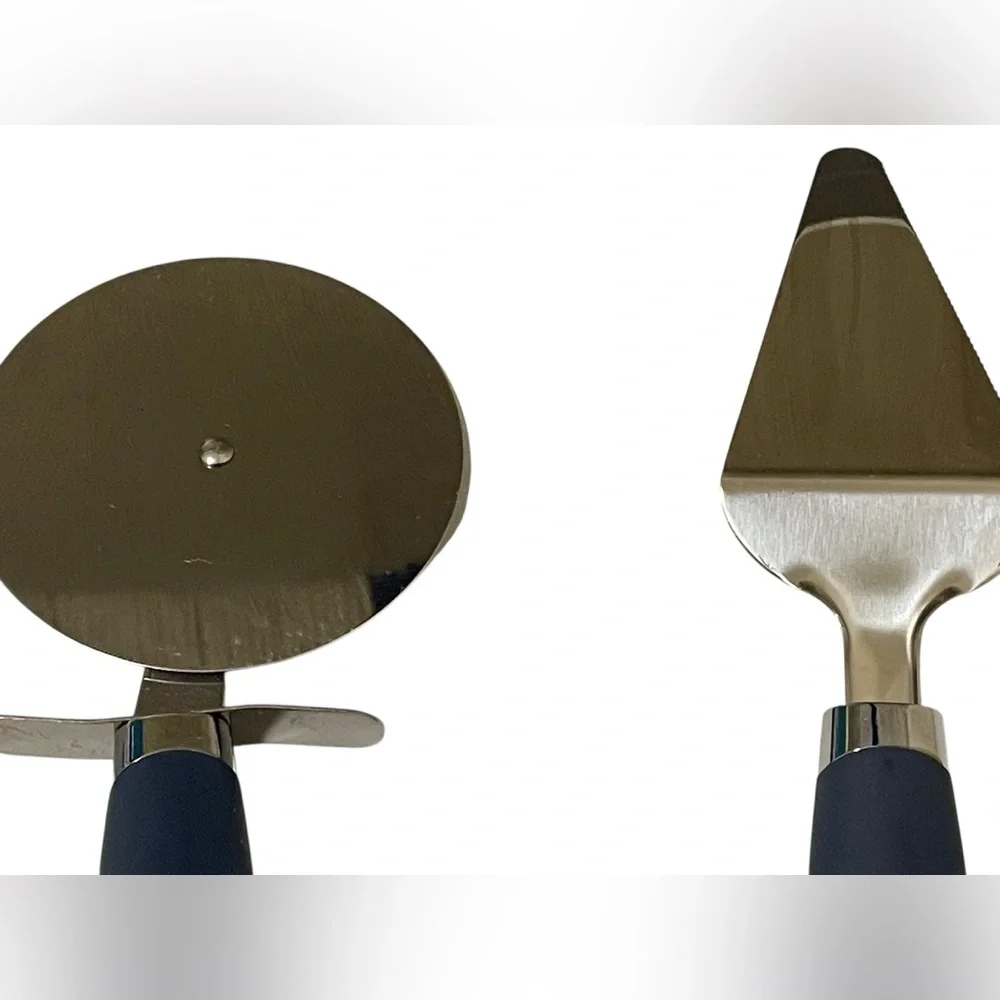 Modern Pantry Pizza Cutter Pie Server Set Stainless Steel‎ Navy Handle Kitchen